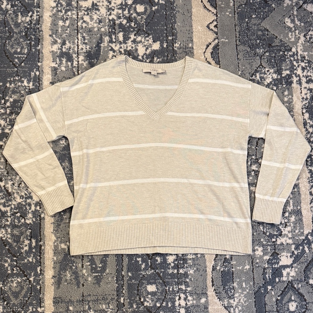 LOFT V-Neck Striped Sweater - Light Gray